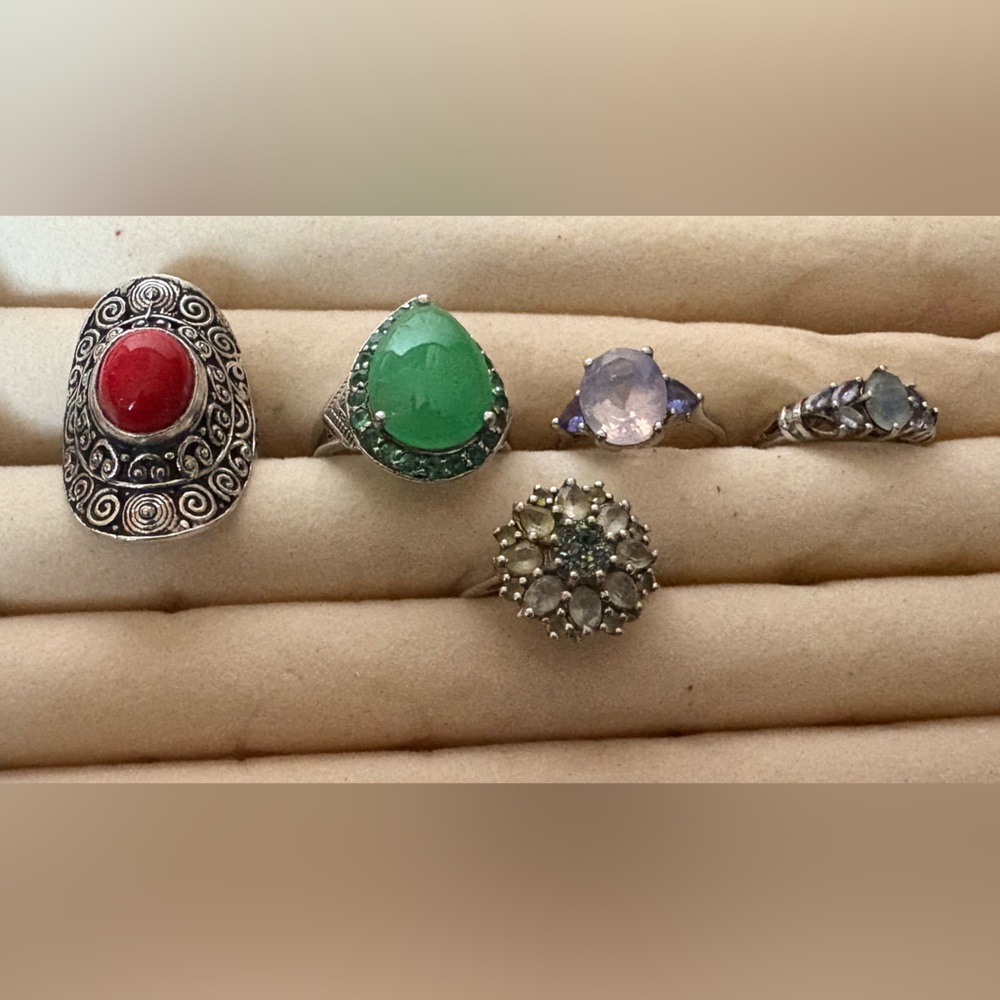 Ring Lot. Red Coral, Opal and Smokey Quart